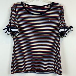 Tommy Hilfiger Nautical Multi Colored Striped Split Sleeve Bow  Top Size L🔥